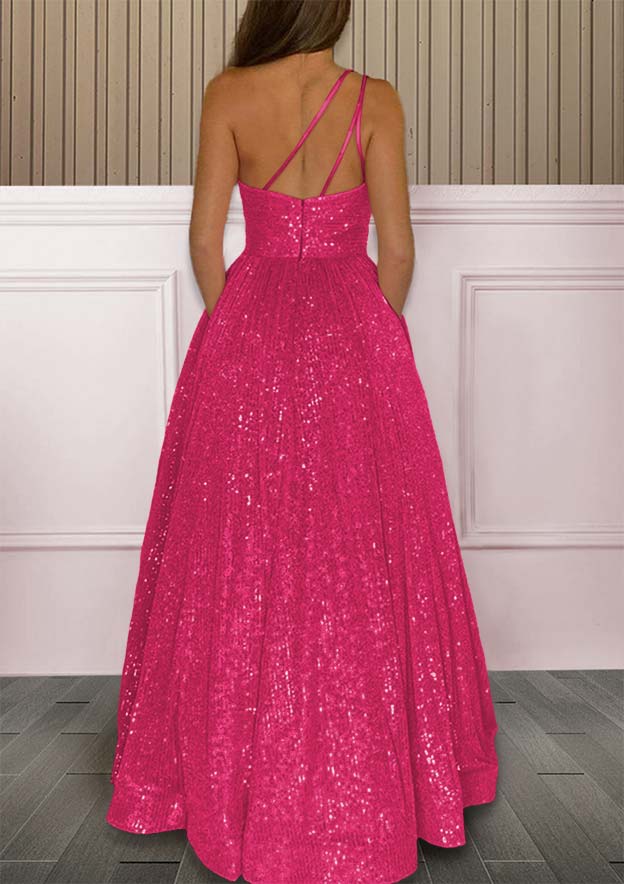 A-line One-Shoulder Sequined Prom Dress with Pockets and Sweep Train-27dress