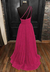 A-line One-Shoulder Sleeveless Long/Floor-Length Sequined Prom Dress With Pockets-27dress