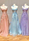 A-line One-Shoulder Sleeveless Long/Floor-Length Tulle Prom Dress with Appliqued Split-27dress