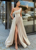 A-Line One-Shoulder Sleeveless Satin Floor-Length Prom Dress-27dress