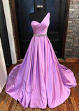 A-line One-Shoulder Sleeveless Satin Long/Floor-Length Prom Dress with Beading Pleated-27dress