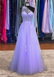 A-Line One-Shoulder Tulle Prom Dress with Appliques and Beading-27dress