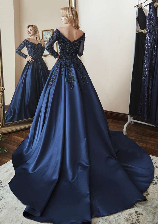 A-Line Princess Off-the-Shoulder Satin Evening Dress with Beading and Pleated Appliqu¨¦s-27dress