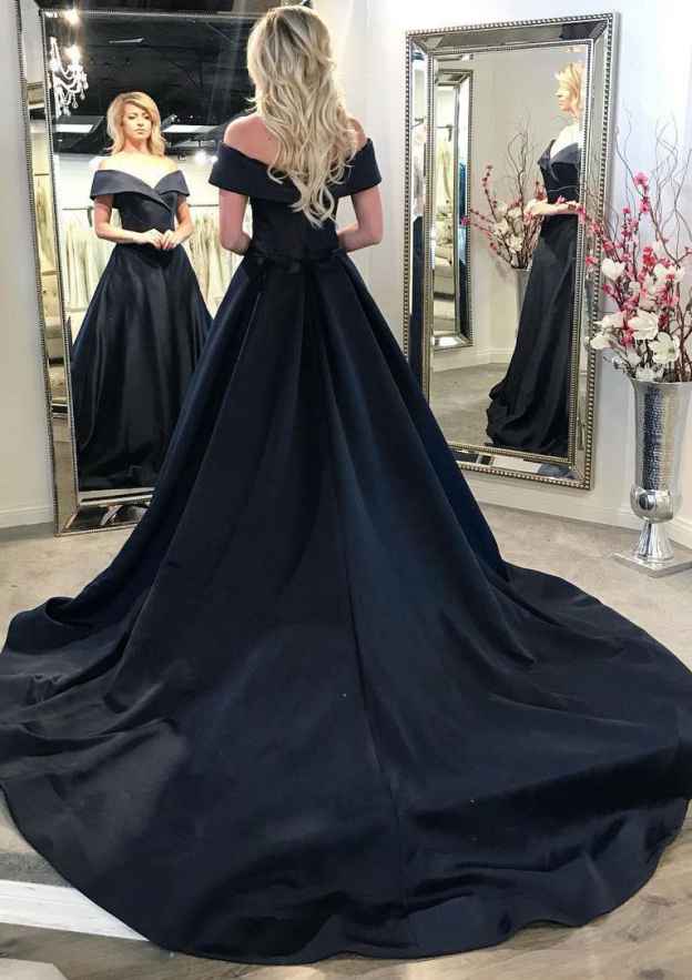 A-line Princess Off-the-Shoulder Satin Prom Dress with Chapel Train-27dress