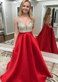 A-line Princess Scalloped Neck Sleeveless Satin Prom Dress With Beading and Sweep Train-27dress