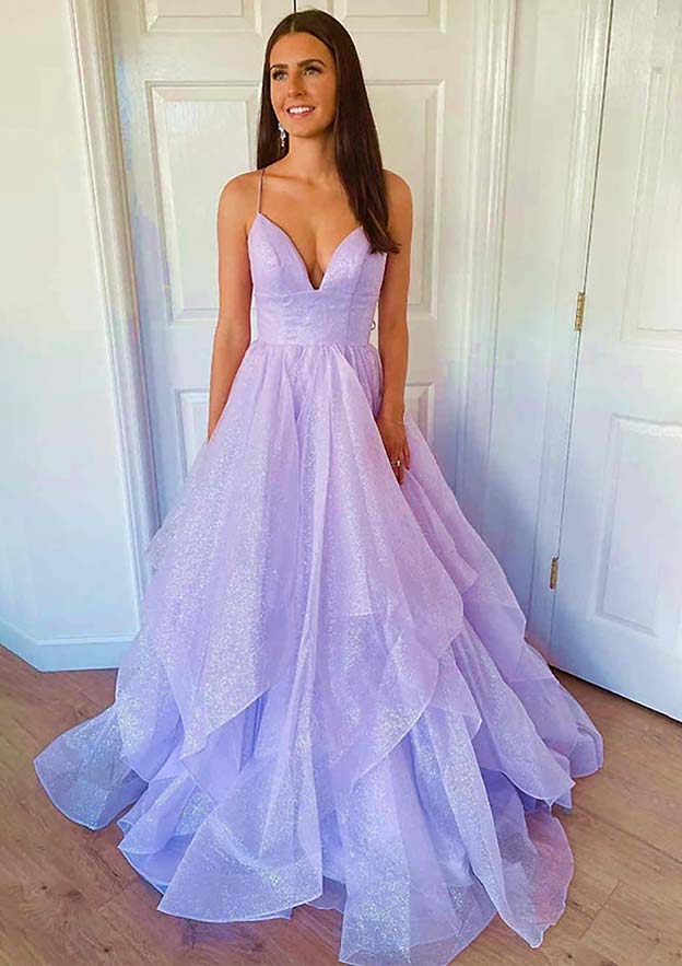 A-line Princess Sweetheart Sleeveless Long/Floor-Length Tulle Sparkling Prom Dress-27dress