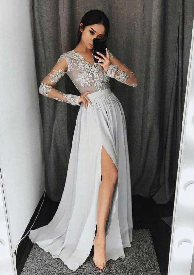 A-Line Princess V-Neck Chiffon Prom Dress with Lace - Floor-Length-27dress