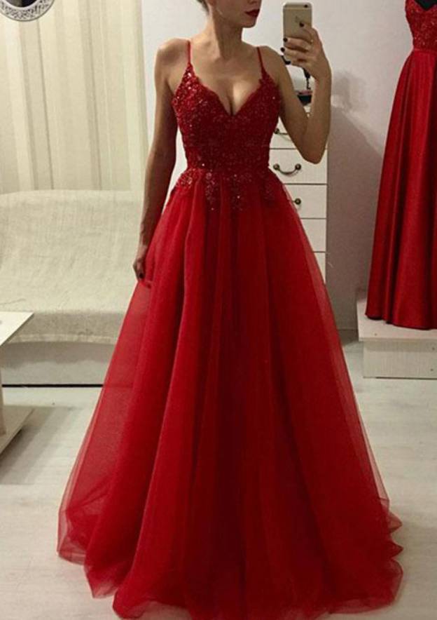 A-Line Princess V-Neck Sleeveless Floor-Length Prom Dress with Appliqued Beading-27dress