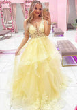 A-Line Princess V Neck Sleeveless Tulle Long Prom Dress With Lace-27dress