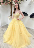 A-line Princess V Neck Sleeveless Tulle Prom Dress With Beading Lace Appliques-27dress