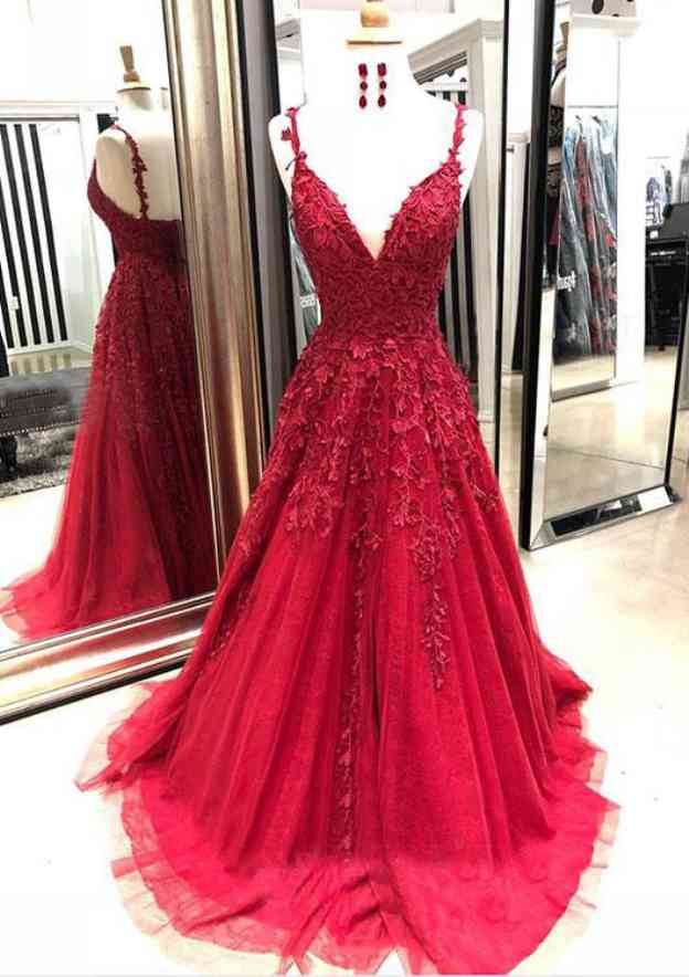 A-line Princess V Neck Sleeveless Tulle Prom Dress with Sweep Train and Appliqued Detail-27dress