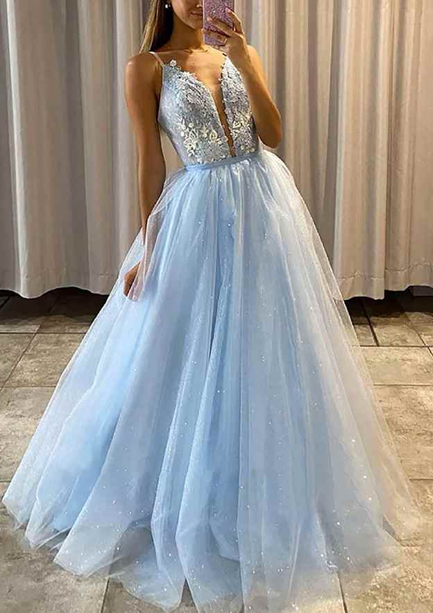 A-Line Princess V-Neck Spaghetti Straps Tulle Prom Dress With Beaded Appliqu¨¦s-27dress