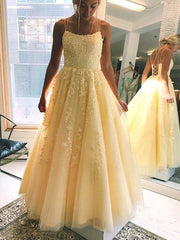 A-Line Prom Dress: Square Neckline, Sleeveless Lace, Floor-Length, Appliques Lace-27dress