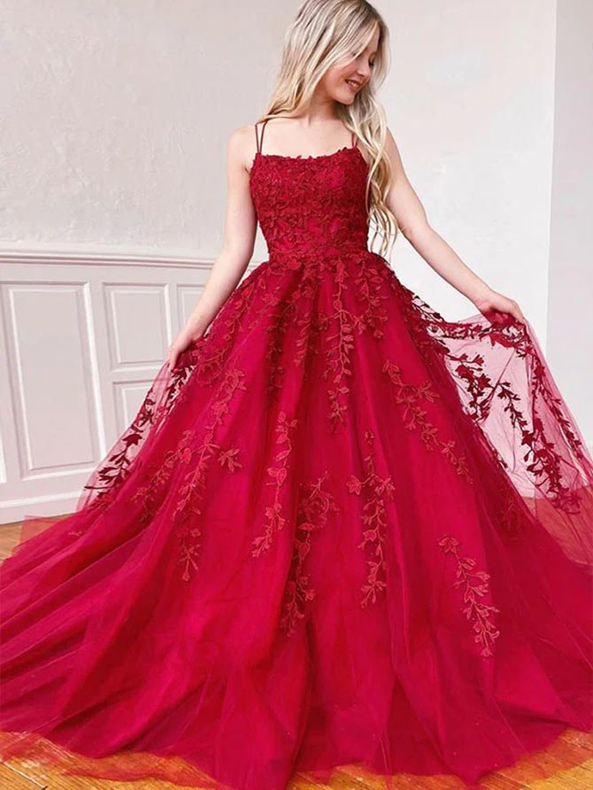 A-Line Prom Dress: Square Neckline, Sleeveless Lace, Floor-Length, Appliques Lace-27dress