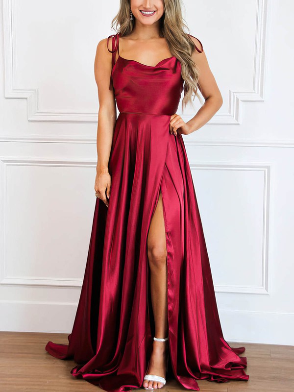 A-Line Prom Dress with Cowl Neck and Sweep Train in Silk-Like Satin