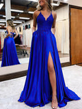 A-line Prom Dresses, V-neck Silk-like Satin with Sweep Train and Appliques Lace