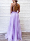 A-line Prom Dresses with Sweep Train and Beading - Scoop Neck Tulle