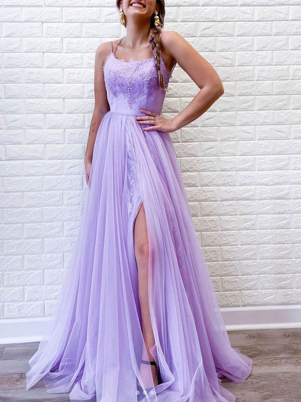 A-line Prom Dresses with Sweep Train and Beading - Scoop Neck Tulle