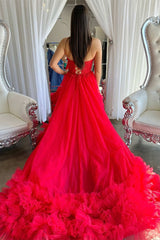 A-Line Red Sweetheart Corset Ruffle Prom Dress