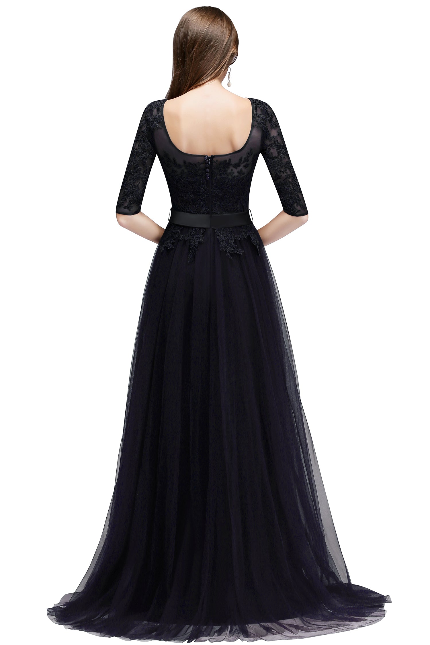 A line Round Neck Half Sleeves Tulle Lace Appliques Long Bridesmaid Dresses-27dress