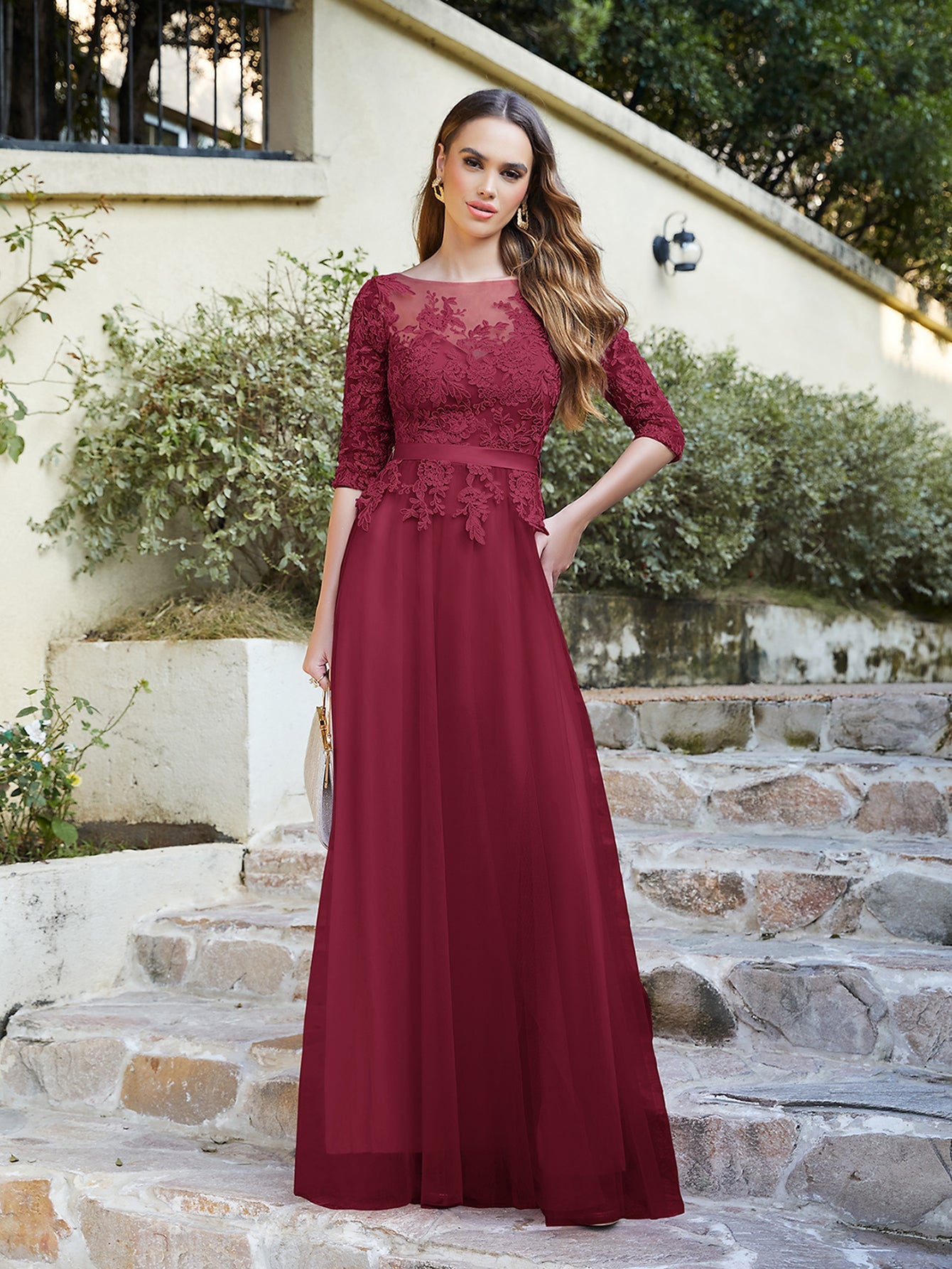 A line Round Neck Half Sleeves Tulle Lace Appliques Long Bridesmaid Dresses-27dress