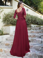 A line Round Neck Half Sleeves Tulle Lace Appliques Long Bridesmaid Dresses-27dress