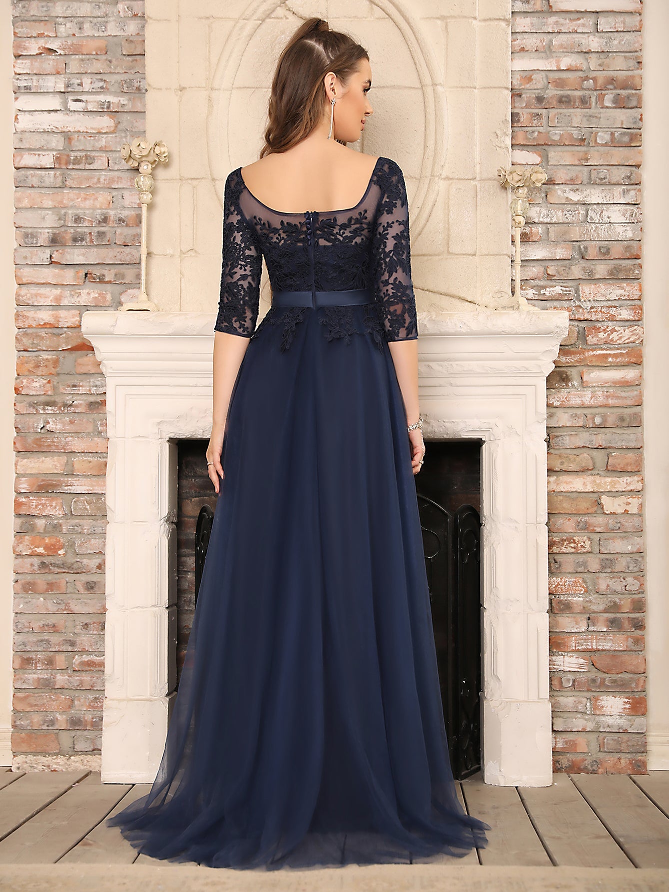 A line Round Neck Half Sleeves Tulle Lace Appliques Long Bridesmaid Dresses-27dress