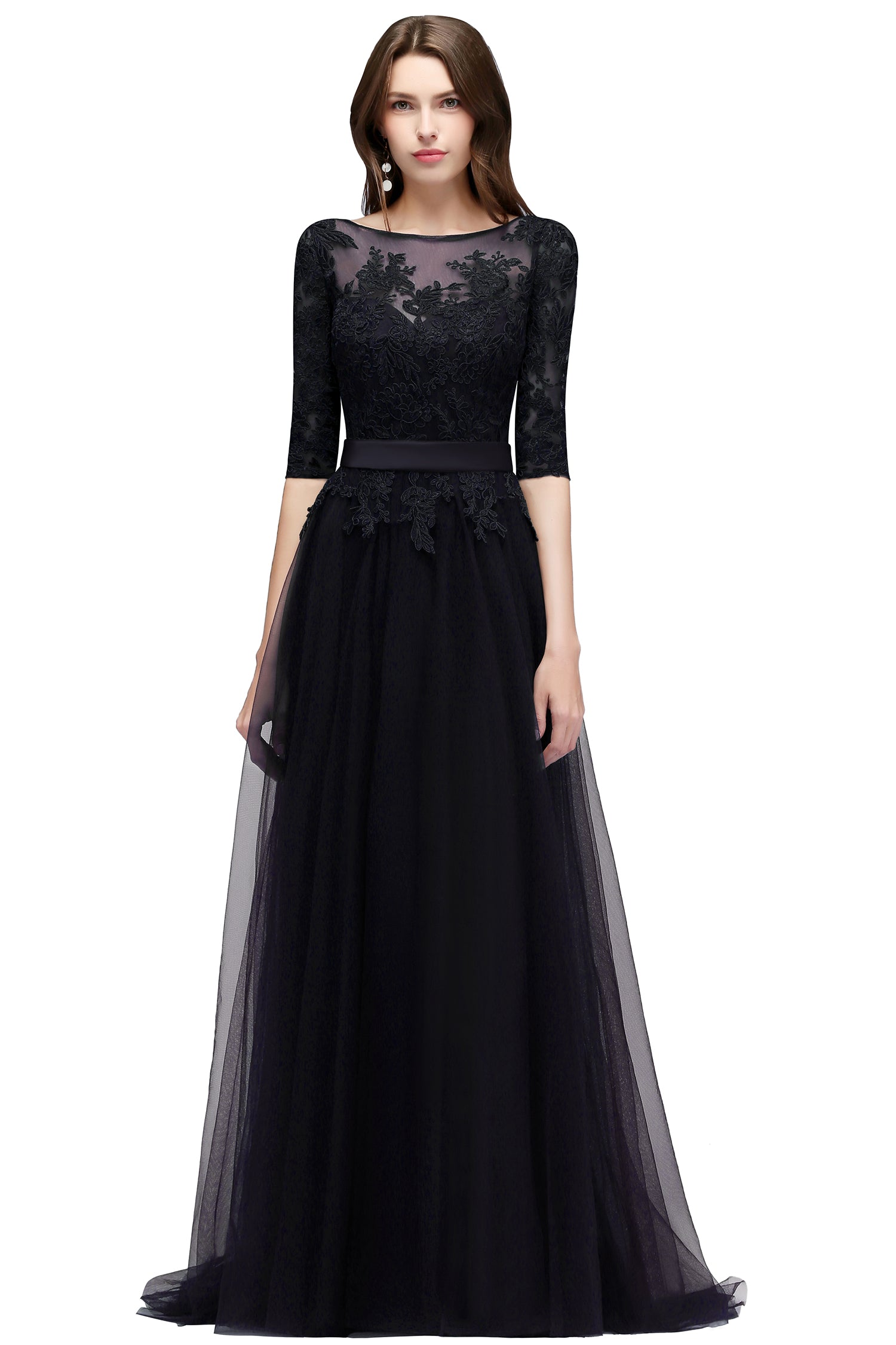 A line Round Neck Half Sleeves Tulle Lace Appliques Long Bridesmaid Dresses-27dress