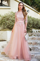 A line Round Neck Half Sleeves Tulle Lace Appliques Long Bridesmaid Dresses-27dress