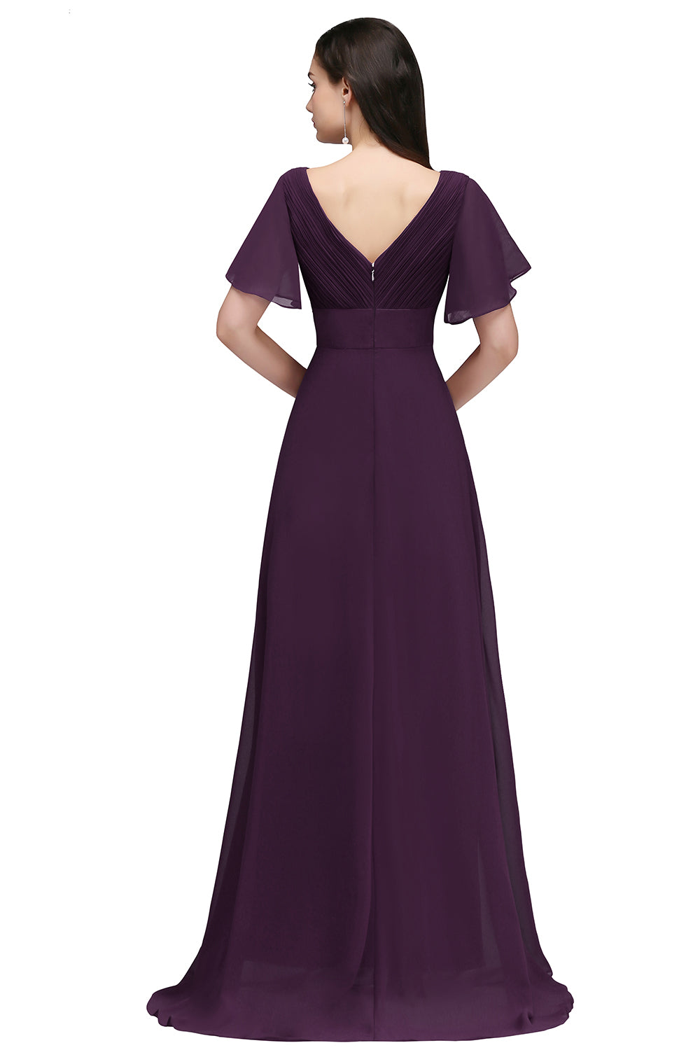 A Line Ruffle Sleeves Chiffon V-Neck Long Bridesmaid Dress-27dress