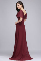 A Line Ruffle Sleeves Chiffon V-Neck Long Bridesmaid Dress-27dress