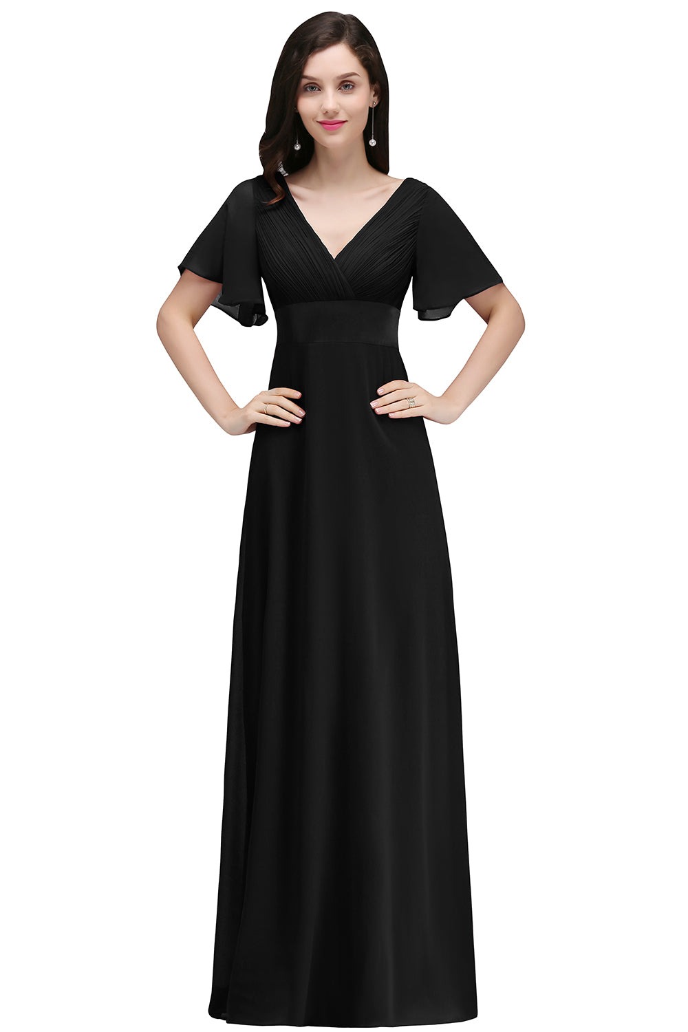 A Line Ruffle Sleeves Chiffon V-Neck Long Bridesmaid Dress-27dress