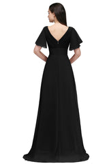 A Line Ruffle Sleeves Chiffon V-Neck Long Bridesmaid Dress-27dress