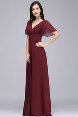 A Line Ruffle Sleeves Chiffon V-Neck Long Bridesmaid Dress-27dress