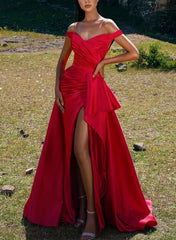 A-Line Satin Prom Dress With Off-The-Shoulder & Split Front-27dress