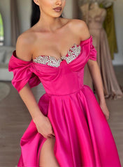 A-Line Satin Prom Dresses With Split Front and Off-The-Shoulder Sleeves-27dress