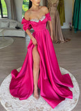 A-Line Satin Prom Dresses With Split Front and Off-The-Shoulder Sleeves-27dress