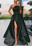 A-line Scalloped Neck Sleeveless Sweep Train Satin Prom Dress with Pleated Waistband Split-27dress