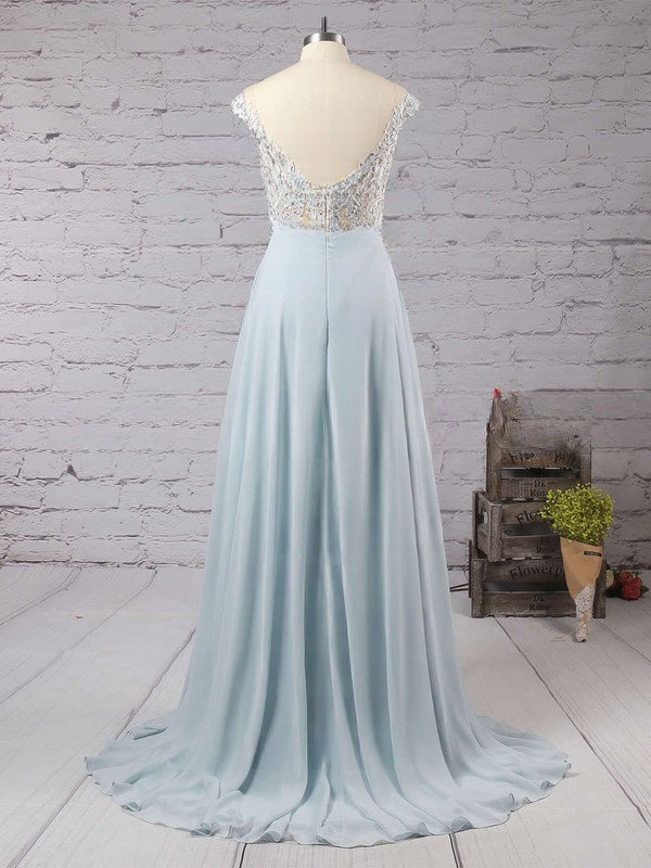 A-line Scoop Neck Chiffon Prom Dress with Beaded Sweep Train