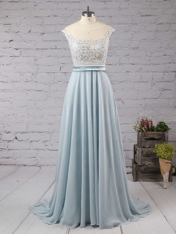 A-line Scoop Neck Chiffon Prom Dress with Beaded Sweep Train