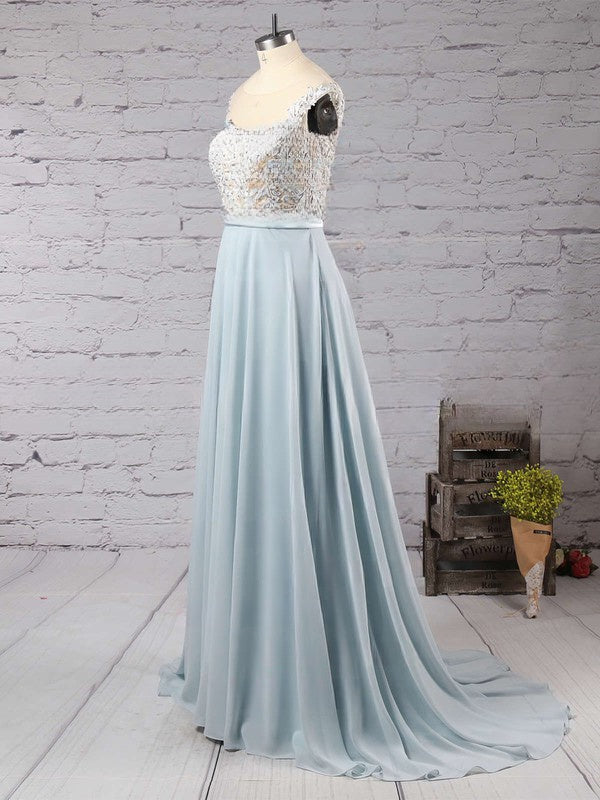 A-line Scoop Neck Chiffon Prom Dress with Beaded Sweep Train