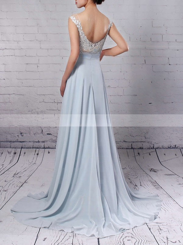 A-line Scoop Neck Chiffon Prom Dress with Beaded Sweep Train