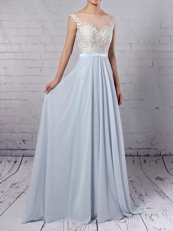 A-line Scoop Neck Chiffon Prom Dress with Beaded Sweep Train