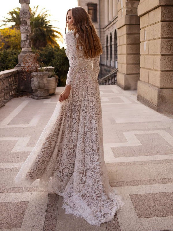 A-line Scoop Neck Lace Sweep Train Wedding Dresses