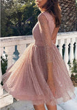 A-Line Scoop Neck Long Sleeve Metallic Yarn Short Homecoming Dress with Glitter - 27Dress