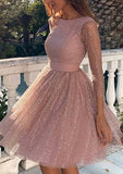 A-Line Scoop Neck Long Sleeve Metallic Yarn Short Homecoming Dress with Glitter - 27Dress