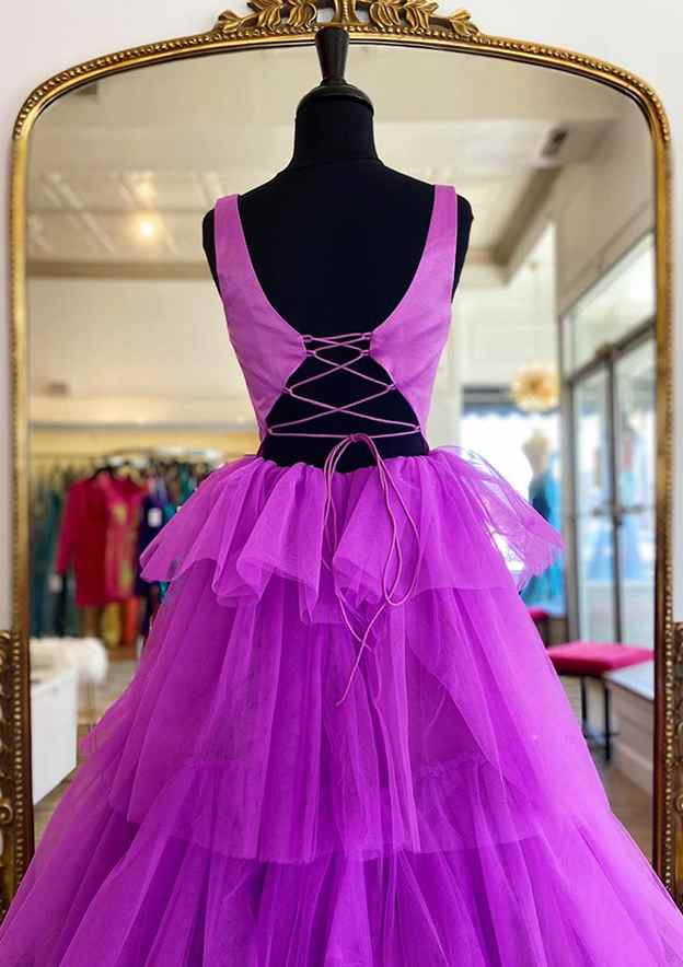 A-line Scoop Neck Tulle Prom Dress With Ruffles - Long/Floor-Length-27dress