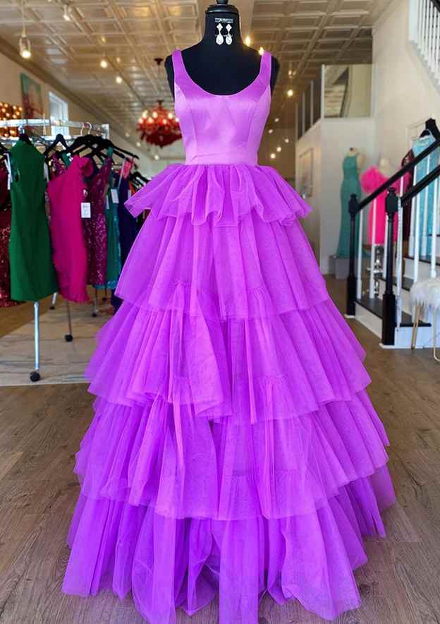 A-line Scoop Neck Tulle Prom Dress With Ruffles - Long/Floor-Length-27dress