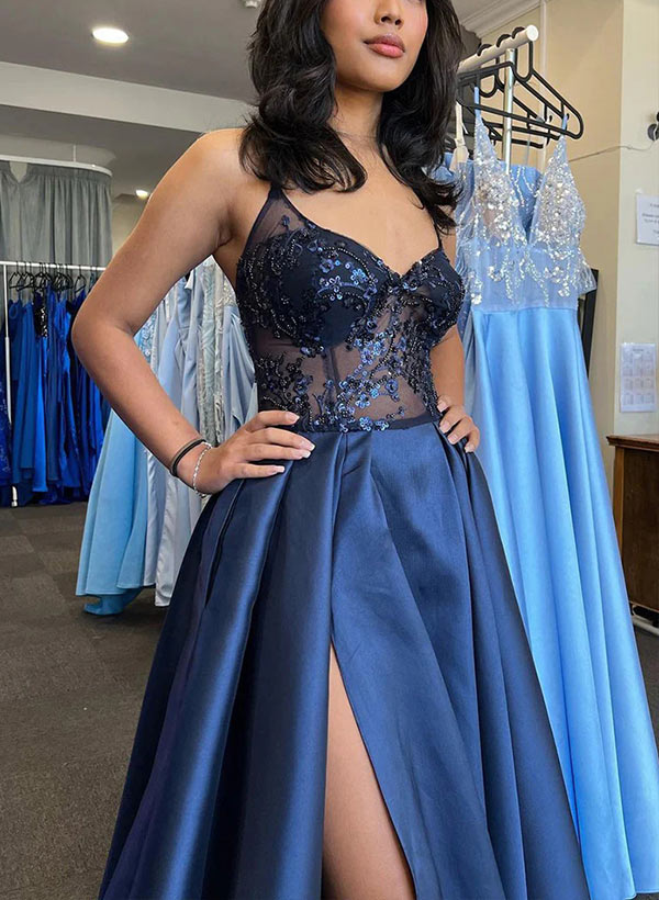 A Line Sequin Prom Dress With Split Front-27dress
