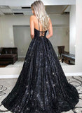 A-Line Sequined Sleeveless Prom Dress with V-neck and Sweep Train-27dress